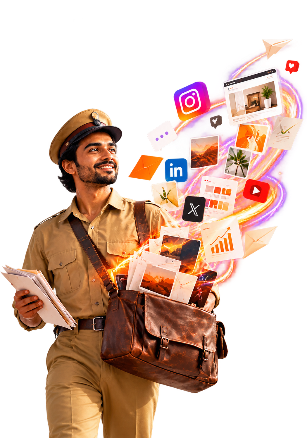 A postman delivering social media posts, websites and marketing content from his bag